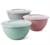 2friends Saladier Kai avec couvercle 5L, lot de 3 bols à mélanger, plastique (PP) sans BPA, couleur : gris clair, rose pastel, vert pastel, couvercle transparent, Ø 28 cm
