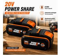 2PCS Batterie de Remplacement 20V 8.0Ah pour WORX PowerShare Cellules Li-ion Premium Haute Performance
