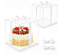 2pcs Boîte à Gâteau Transparente 26x26x24cm, Boîte Cadeau avec Ruban(Blanc) | Boite Gateau Transparente avec Base et Ruban, Boite Layer Cake, Présentoir à Gâteaux 8 Zoll et Dessert, Anniversaire Mariage