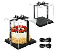 2pcs Boîte à Gâteau Transparente 26x26x24cm, Boîte Cadeau avec Ruban (Noir) | Boite Gateau Transparente avec Base et Ruban, Boite Layer Cake, Présentoir à Gâteaux 8 Zoll et Dessert, Anniversaire Mariage