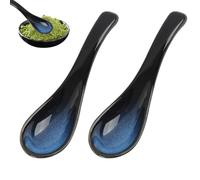 2PCS Cuillères à Soupe Asiatiques, Cuillère À Soupe En Céramique Style Asiatique Pour Ramen Nouilles Et Bouillons Cuillère À Ramen Japonaise En Porcelaine Glaçage Bleu Retro