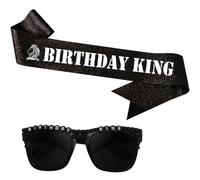 2pcs Écharpe Anniversaire Homme Lunettes de Soleil et Décoration | de Fête, Birthday King Sash, Cadeaux pour Lui 16 21 30 40 50 60 Ans, Accessoire Argent