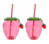 2PCS gobelets avec couvercle et paille Joli gobelet à fraises Bouteille d'eau en plastique réutilisable Pot de boisson froide 500ml