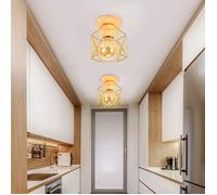 2PCS Plafonnier Luminaire Industrielle Vintage MOGOD, Lustre Plafonnier E27 en Métal et Bois Ø14cm Doré pour Cuisine Couloir Salon