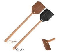 2pcs Tapettes à Mouches en Cuir, Manche Long en Bois Robustes Manuelles avec Cordelette de Suspension pour La Maison La Cuisine l'Intérieur et l'Extérieur (Noir, Marron)