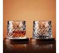 2pièces/Set Ensemble de verres à whisky en cristal vintage rotatif (1 verre + 1 sous-verre en bois) Verre épais incliné et roulant convenant pour le rhum, les cocktails, le café, le lait, la détente,