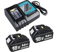 2X 18V 5,0Ah Batteries de Remplacement pour Makita + Chargeur 4 A. Compatibles avec 14.4V-18V BL1830 BL1850 BL1860 BL1840 BL1820 etc. et Les chargeurs DC18RD, DC18RC, DC18SF, DC18RA et DC18RF.
