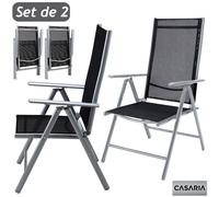 2x Chaises de jardin à dossier haut argent aluminium pliable résistante intempéries dossier réglable 8 positions accoudoirs 120kg
