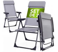 2x chaises de jardin pliantes Gris en aluminium avec accoudoirs dossier réglable en 7 positions plage piscine camping voyage