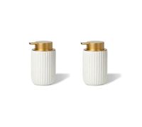 2X Distributeur de Savon Mousse en Céramique Blanc Mat Moucheté, Pompe Rechargeable de 350 Ml avec Dessus Doré, Distributeur de Mousse Élégant