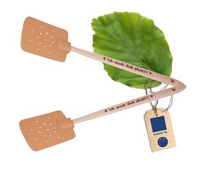 2X HOFMEISTER® Tapette à mouches en bois de hêtre et cuir, d'Europe, tapette avec impression de phrase : Ich mach Dich platt!!!, pratique pour tuer les moustiques et les insectes, attrape-moustiques