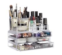 2x Organiseurs cosmétiques, 2 parties, rangement maquillage, acrylique, emplacements porte-crayons, tiroirs, transparent