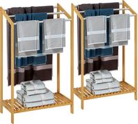 2x Porte-serviettes en bambou sur pied avec 3 barres en acier inoxydable Étagère de rangement salle de bain