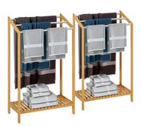 2x Porte-serviettes en bambou sur pied avec 3 barres en acier inoxydable Étagère de rangement salle de bain
