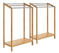 2X Porte-Serviettes en Bambou sur Pied avec 3 Barres en Acier Inoxydable Étagère de Rangement Salle de Bain