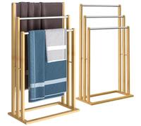 2X Porte-Serviettes en Bambou sur Pied avec 3 Barres Support pour Serviettes Étagère de Salle de Bain