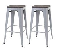 lot de 2 tabourets de bar HWC-A73, assise en bois incluse, chaise de bar tabouret de comptoir, métal design industriel empilable ~ gris