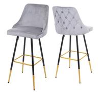 2x tabouret de bar HWC-E70, chaise de bar/comptoir, design rétro, velours, haubans/pieds dorés gris