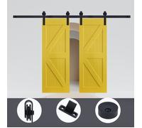 3,05M Kit de Porte Coulissante Poulie de Rail Suspendu de Porte de Grange -Type ""J"", Double Porte Épissure en Six Sections - Noir