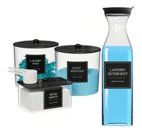 3+1 pièce Boîte de rangement pour capsules de lessive, support et distributeur de feuilles d'assouplissant, boîte de rangement pour la buanderie avec couvercle, étiquette et cuillère, convient pour le