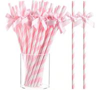 3/10/20/30/50 pièces Pailles en papier à rayures rose & blanc avec nœud, pailles à boire, pailles de décoration de fête style mignon et féminin, accessoires de décoration thème mariage, décoration de 