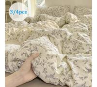 3/4 pièces Ensemble de housse de couette à imprimé floral minimaliste noir, ensemble de literie de style pastoral doux et délicat, ensemble de housse de couette de style ferme de campagne beige avec m