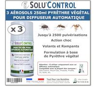 3 Aérosols Insecticide 250 ml au Pyrèthre Végétal - Compatible Diffuseur Automatique - Action Choc Contre Volants et Rampants