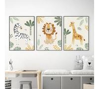 3 Affiche Chambre Enfant Vert Deco Chambre Garçon 40x50 Posters Nordique Bebe Animaux Lion Girafe Zèbre Dessins Tableau Peinture sur Toile Decoration Murale Cadeaux NPTWC005-L