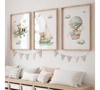 3 Affiche Ourson Chambre Bebe 21X30CM Poster Ours Montgolfière Tableau Decoration Murale Enfant Garcon Toile Ourson Affiche Chambre Bebe Vert Tableau Nounours Cadeau sans Cadre (BOGC132-21X30)