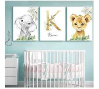 3 Affiche Prenom Bebe Tableau Personnalisé Poster Animaux Jungle Chambre Enfant Decoration Murale Cadeau 30x40 sans Cadre