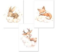 3 Affiches Animaux Chambre Bebe Poster Beige Nuages Lapin Renard Cerf Enfant Fille Décoration 30X40cm sans Cadre