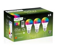 3 ampoules LED E27 A60 9W = 60W 806lm 6500K + RGB multicolore 260° avec télécomm