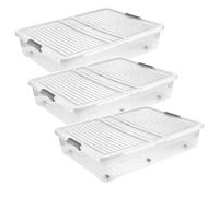 3 boîtes de rangement Leo Keeper avec couvercle, capacité de 53 litres, transparentes, avec roulettes. Le couvercle est doté d'une fermeture à clip