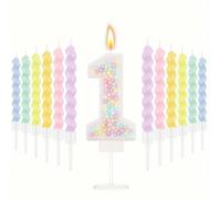 3 bougies chiffres 3D avec macarons et étincelles, set de 12 bougies spirales arc-en-ciel et support à bougies, convient pour la décoration de gâteau, mariage, anniversaire, décoration de fête pastel 