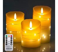 3 bougies LED avec guirlandes lumineuses avec télécommande ont une fonction de minuterie de 24 heures, saut de flamme, vraie cire et alimentation par batterie.