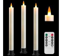 3 Bougies LED Bâton Ivoire à Flamme Scintillante Réaliste, Télécommande & 3 Socles Offerts, Résistantes à la Chaleur, Réutilisables Écologiques pour Déco Intérieur et Extérieur