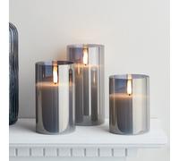 3 Bougies Piliers TruGlow® à Bougeoir en Verre Gris Fumé avec Télécommande