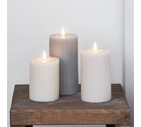 Lights4fun Lot de 3 Bougies Piliers TruGlow® à Nervures en Cire Gris avec LED Blanc Chaud à Piles pour Intérieur
