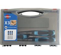 LEMAN Coffret de 3 ciseaux à bois 780.500.03 – manche bi-matière, 12/26/40 mm + pierre