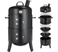3-en-1 BBQ-Smoker au charbon de bois vertical, Ø45 cm gril en tonneau rond, gris - modèle lourd, thermomètre intégré et cheminée