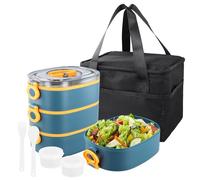 3 en 1 Bento Lunch Box 2800ml, Assiette Compartiment Adulte Empilables avec Lunch Bag Couverts Partition, Boite Repas Micro-Ondable Anti-Fuite Sans BPA, Boîte à Goûter Enfant Travail Ecole (Bleu)