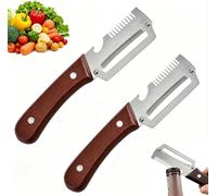 3-en-1 Éplucheur de Légumes et Fruits - Lame Inox Rotative, Manche en Bois Massif Ergonomic Double Usage - Outil Cuisine Efficace (2 Brun)