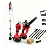 3-en-1 Sécateur Électrique sans Fil 21V, avec Perche Télescopique (Rouge) | Moteur sans Balais, Mini Tronçonneuse, Coupe 40 mm, Mode Sûr,Léger,Portée Jusqu’à 2 m,pour Arbres Jardin et Verger