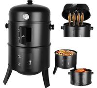 3-en-1 Smoker vertical au charbon de bois Ø45 cm, Barrel-BBQ-Grill, rouge, modèle lourd, thermomètre, style classique pour la cuisine en plein air
