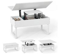 3 en 1 Table Basse à Plateau Relevable COSTWAY, 3 Compartiments de Rangement Cachés, 100x50x49 cm Table Convertible de Salon, Blanc