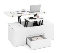 3 en 1 Table Basse avec Plateau Relevable COSTWAY, 4 Tabourets de Rangement pour 4 à 8 Personnes, Compartiment Caché, Tiroir, Blanc