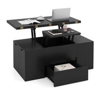 3 en 1 Table Basse avec Plateau Relevable COSTWAY, 4 Tabourets de Rangement pour 4 à 8 Personnes, Compartiment Caché, Tiroir, Noir