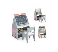 COSTWAY 3 en 1 Table et Chaise Enfants, Double Face-Tableau Blanc et Noir Magnétique, avec Bac en tissu & Étagère Rangement, Gris