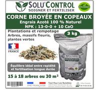 3 kg de Corne Broyée en Copeaux SoluControl - Engrais Azoté 100% Naturel - Fertilisation Équilibrée pour Arbustes, Haies et Massifs Fleuris - Utilisable en Agriculture Biologique