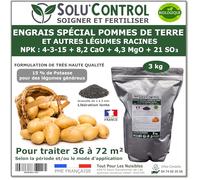 3 kg d'Engrais Spécial Pommes de terre et légumes racines 4-3-15 - Enrichi en Potasse - Favorise la croissance, le grossissement et la conservation des tubercules - UAB - Fabriqué en France